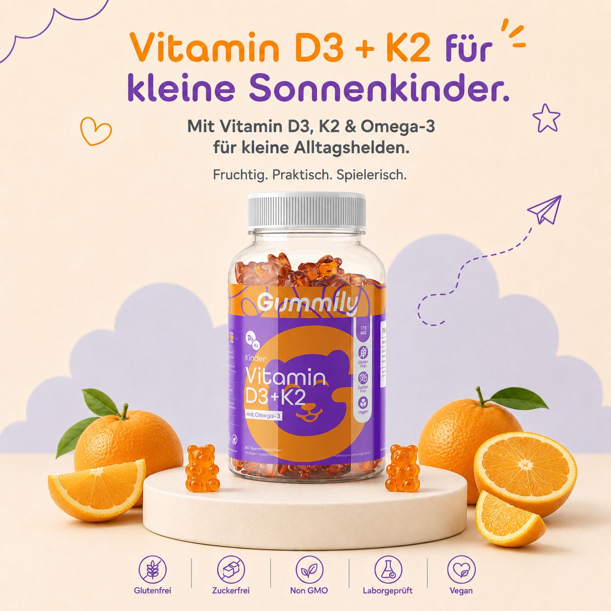 Gummily Kinder Vitamin D3+K2 Gummibärchen mit Orangen und Blättern.
