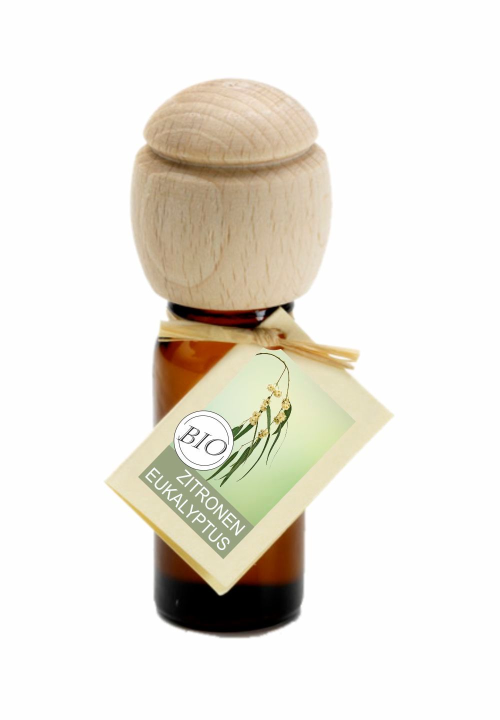Braune Glasflasche mit Holzverschluss und Anhänger. Auf dem Anhänger steht BIO ZITRONEN EUKALYPTUS.