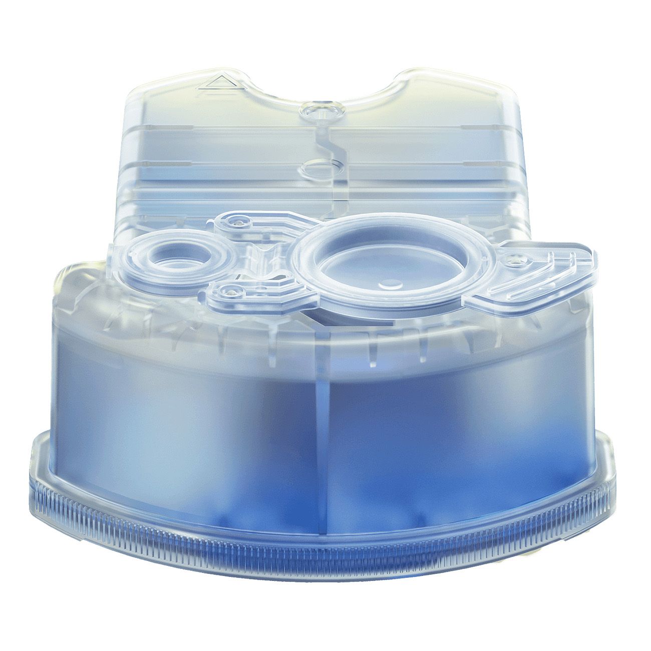 Cartuccia di pulizia trasparente con liquido blu. Parte superiore con aperture e dettagli. Plastica.