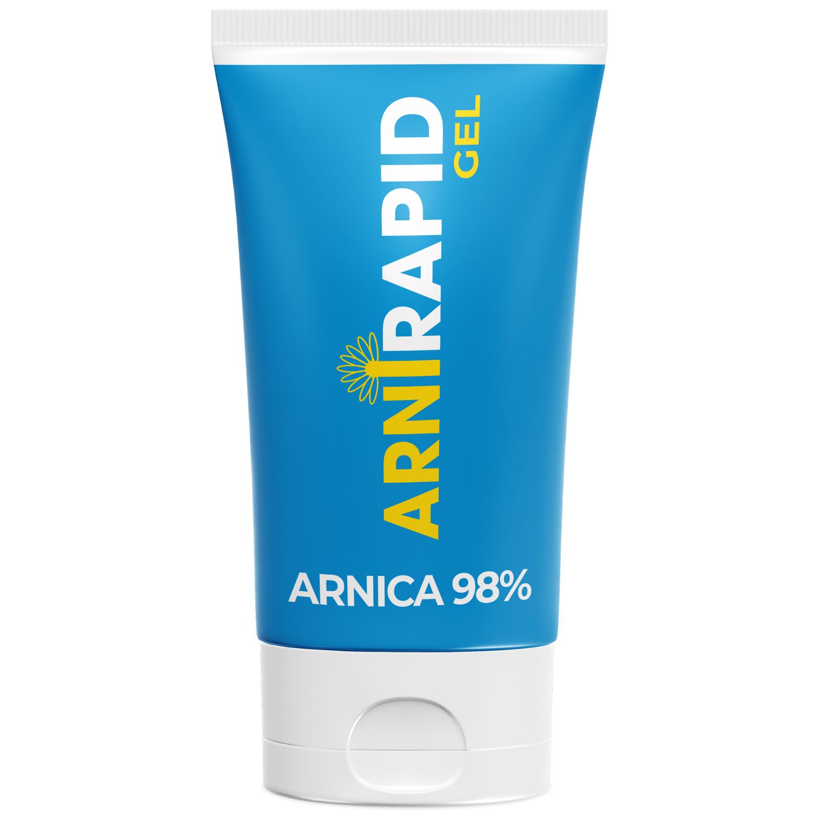 ARNIRAPID Tube mit Arnika 98% auf blauem Hintergrund.