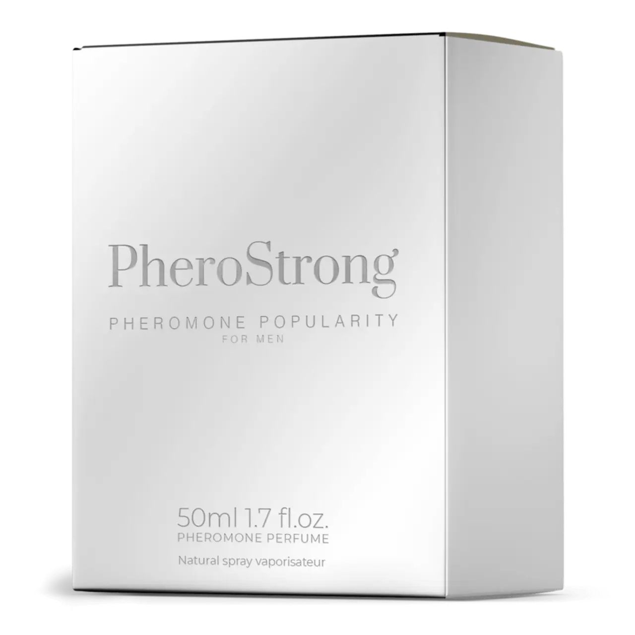 Weiße rechteckige Verpackung. Aufschrift: PheroStrong, Pheromone Popularity for Men. 50ml 1.7 fl.oz. Natural spray vaporisateur.