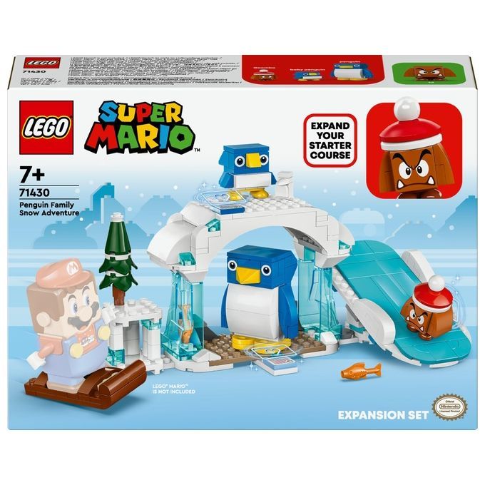 Set di espansione LEGO Super Mario 71430. La confezione mostra un set invernale con pinguini, Mario su uno slittino e un albero. Il set è adatto a bambini dai 7 anni in su e include elementi per un'esperienza di gioco interattiva.