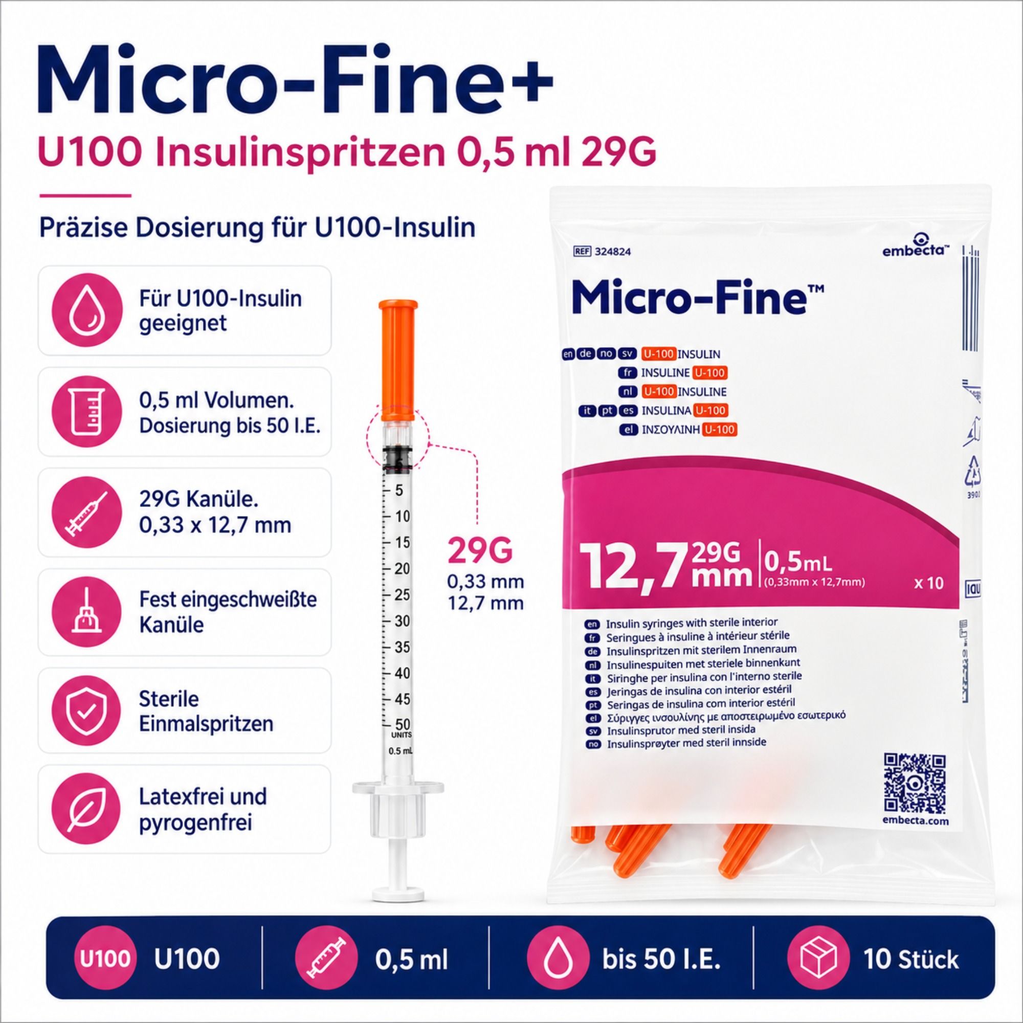 embecta Micro-Fine+ U100 Insulinspritzen 0,5 ml 29G, 0,33 x 12,7 mm