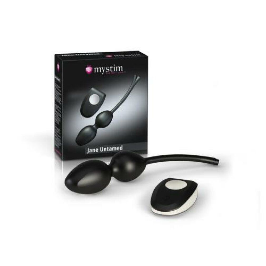 Schwarzes Wellness-Produkt mit zwei Kugeln, einem Stiel und einer Fernbedienung. Auf der Verpackung steht "mystim" und "Jane Untamed".