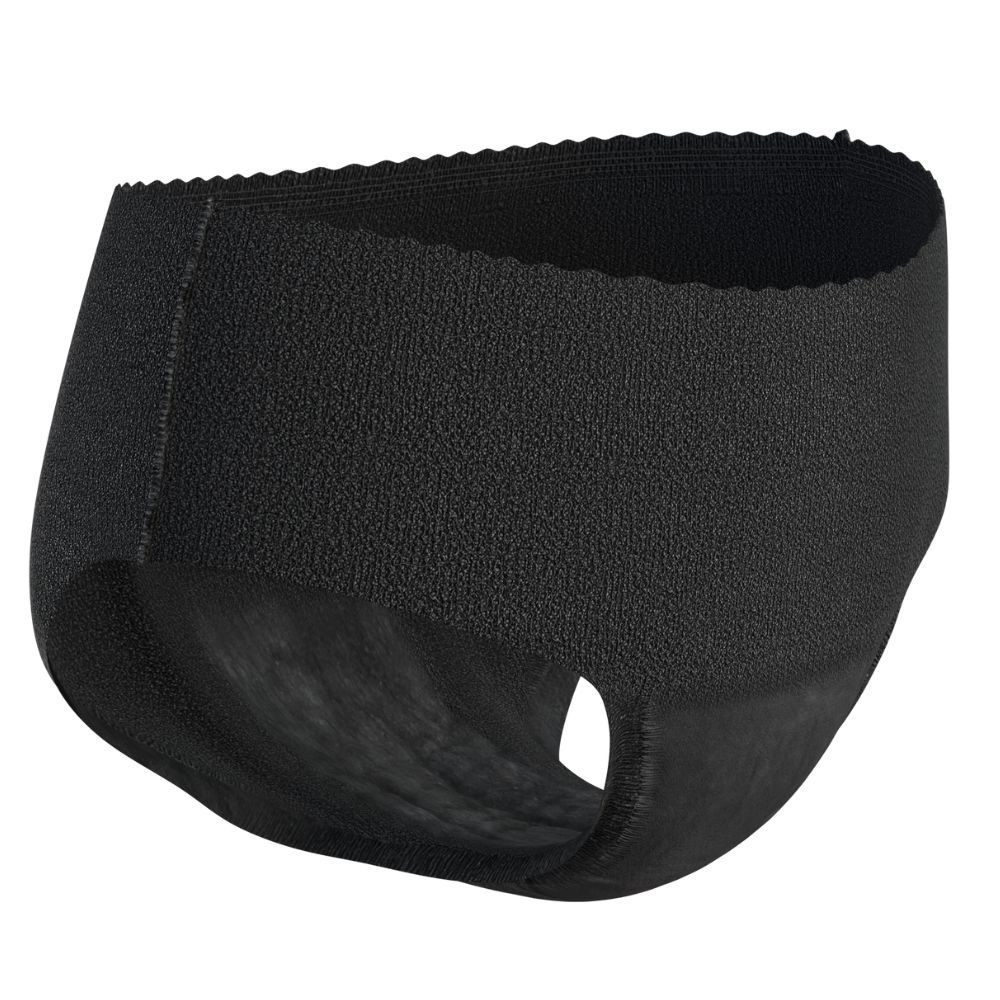 Schwarze TENA Silhouette Plus Unterhose. Hüftform, mit Beinöffnung. Aus Textilmaterial.