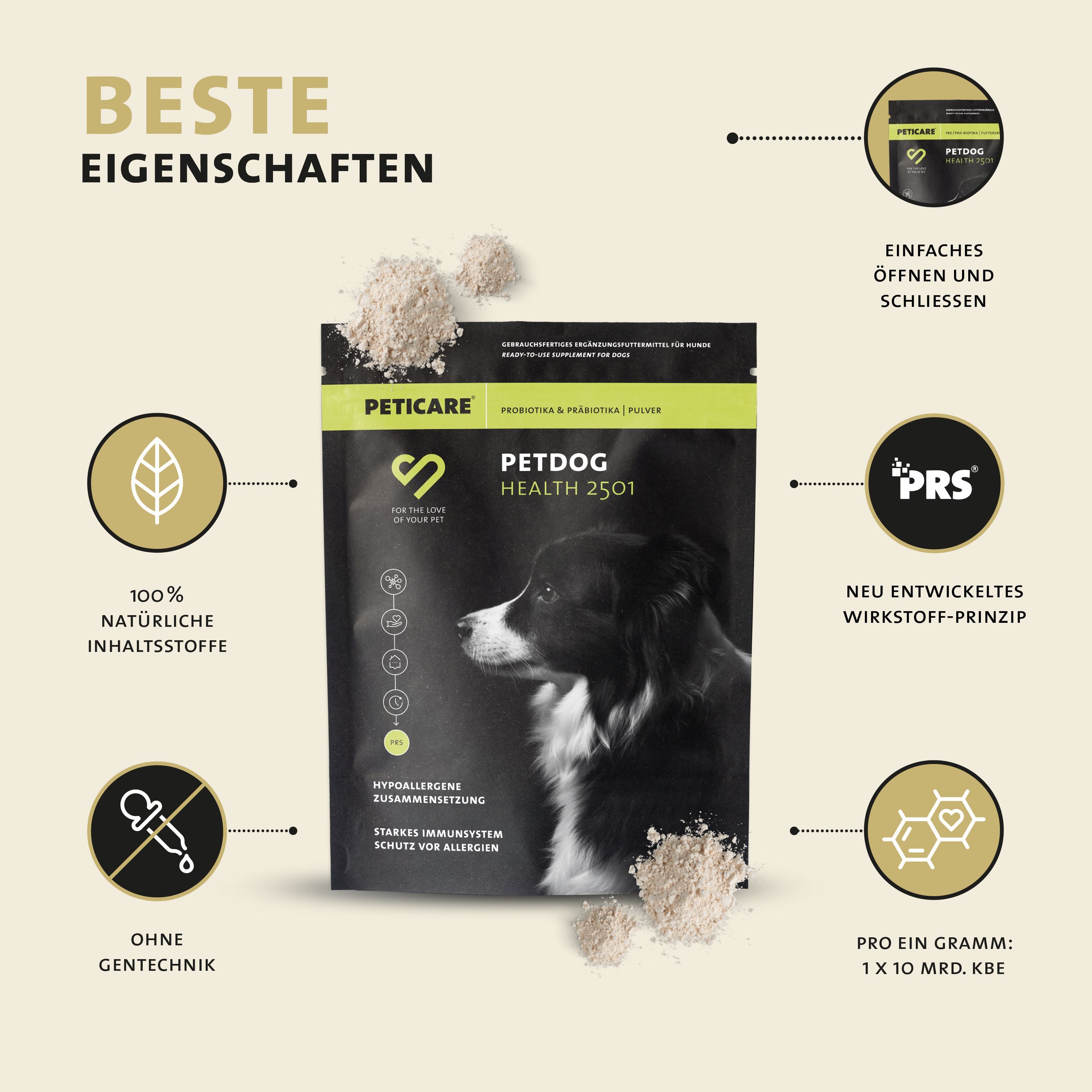 Beutel Peticare Petdog Health 2501. Text: 100% natürliche Inhaltsstoffe, ohne Gentechnik, hypoallergene Zusammensetzung.