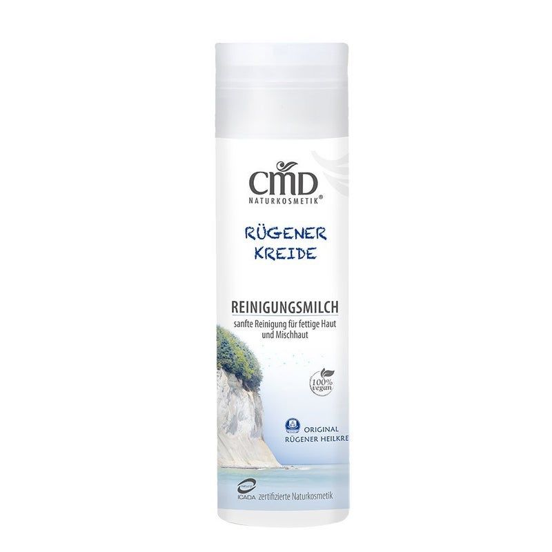 Weiße Flasche mit Produktaufschrift CMD Naturkosmetik Rügener Kreide Reinigungsmilch. Vegan-Logo.