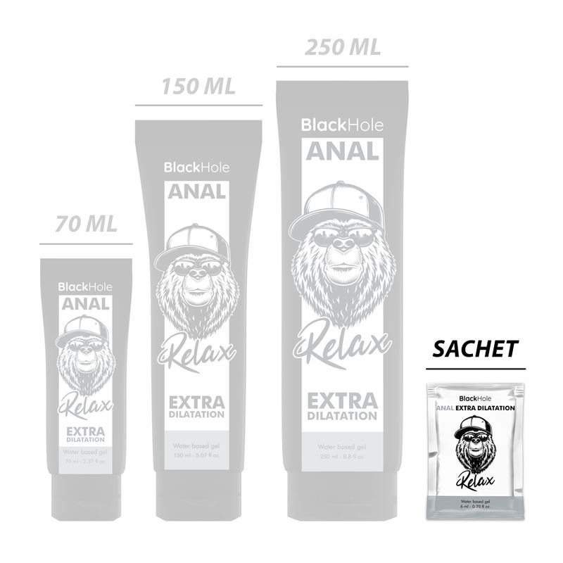 Produktverpackungen in verschiedenen Größen. Text: Black Hole, ANAL, EXTRA DILATATION, Relax. Größen: 70 ml, 150 ml, 250 ml. Zusätzlich: Sachet.