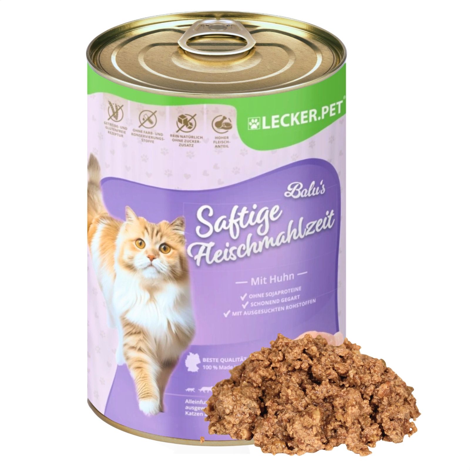 Eine Dose Katzenfutter mit Huhn, Balu's Saftige Fleischmahlzeit, mit Bild einer Katze und Futterprobe.