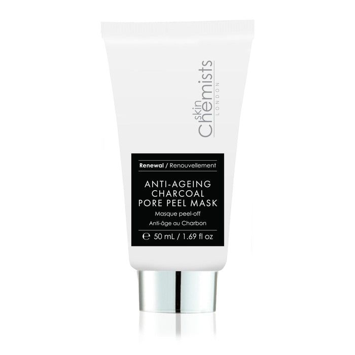 Weiße Tube mit silbernem Verschluss. Schwarzes Etikett mit Produktnamen und Marke skinChemists. Text: Anti-Ageing Charcoal Pore Peel Mask.
