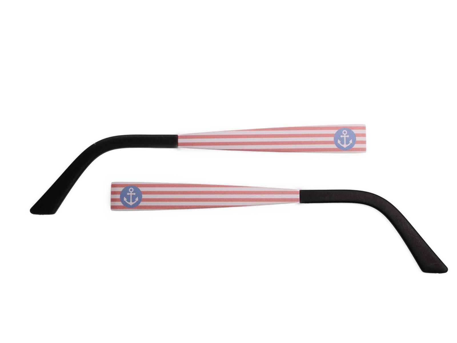 Zwei Wechselbügel für Brillen. Rosa-weiß gestreift mit Anker-Motiv. Schwarze Bügelenden.