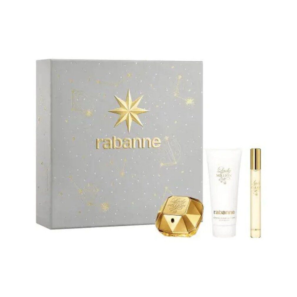 Geschenkbox mit Sternmotiv, Flakon, Roll-on-Flakon und Tube. Auf der Box steht 'rabanne'.