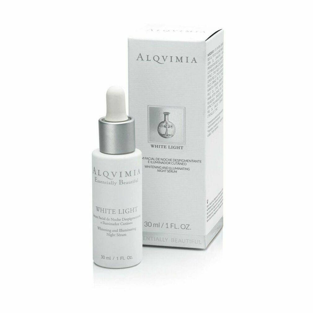 Weißes Serumfläschchen mit Pipette und Karton. Aufschrift: Alqvimia, White Light, 30 ml / 1 fl. oz.