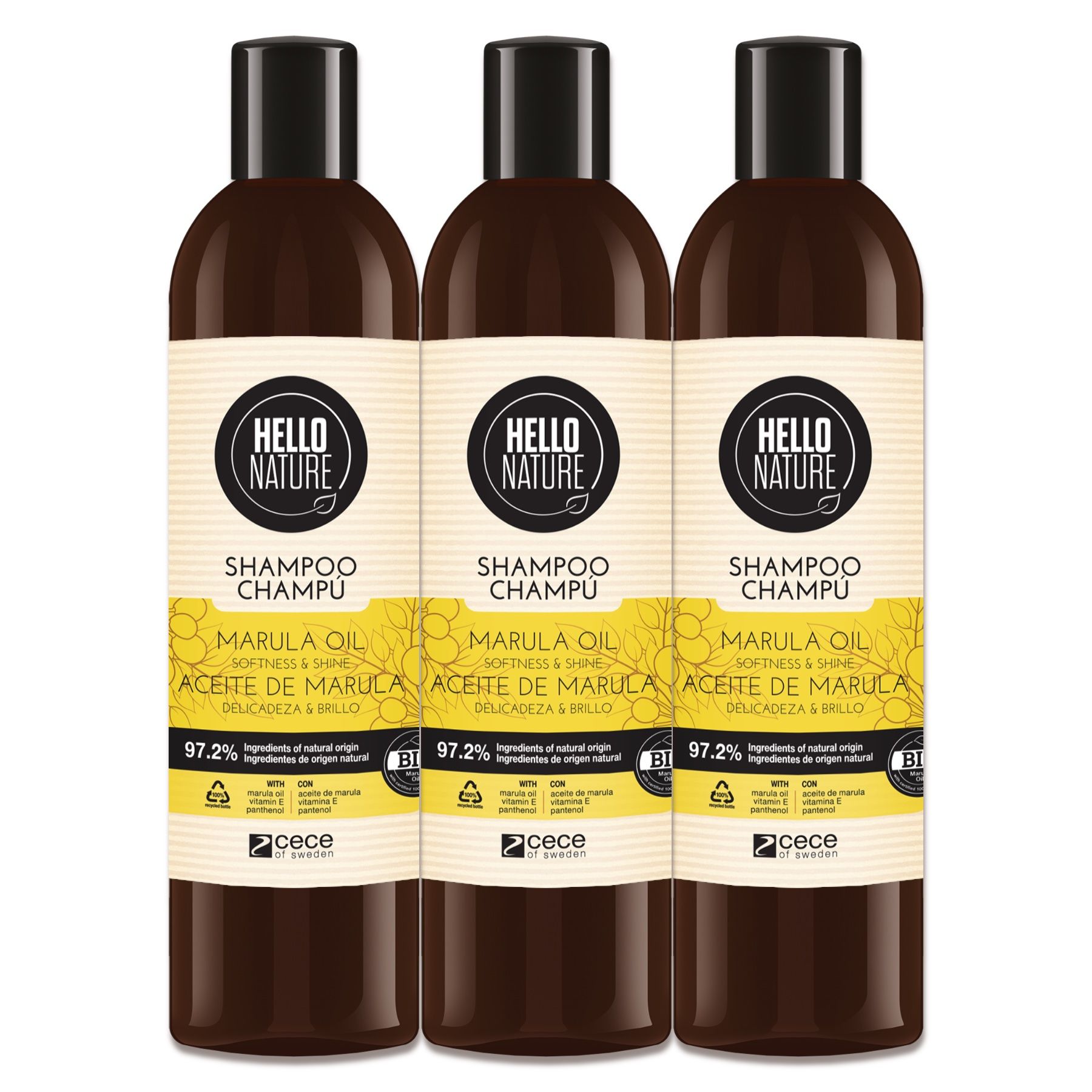 Hello Nature Haarshampoo mit Marula Öl für Haarschäden Naturkosmetik 3x300 ml Shampoo