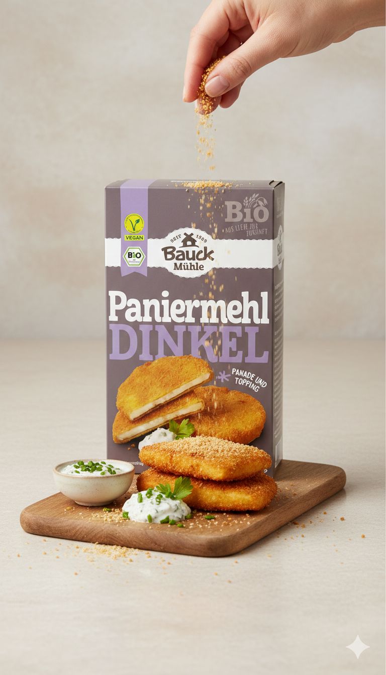 Bauck Mühle Dinkel-Paniermehl Bio Verpackung mit panierten Speisen.