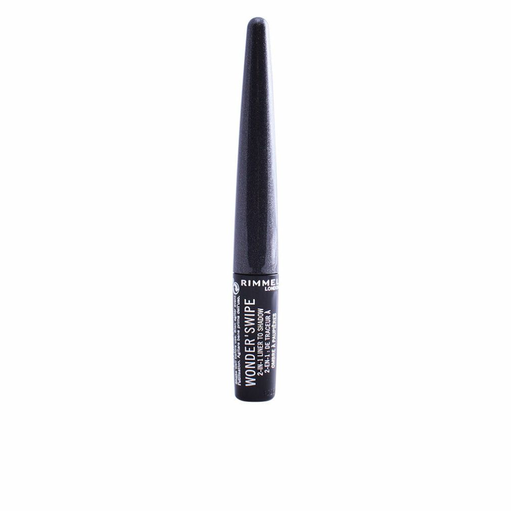 Schwarzer Eyeliner mit spitz zulaufendem Applikator. Aufschrift: Rimmel London Wonder Swipe 2-in-1 Liner to Shadow.