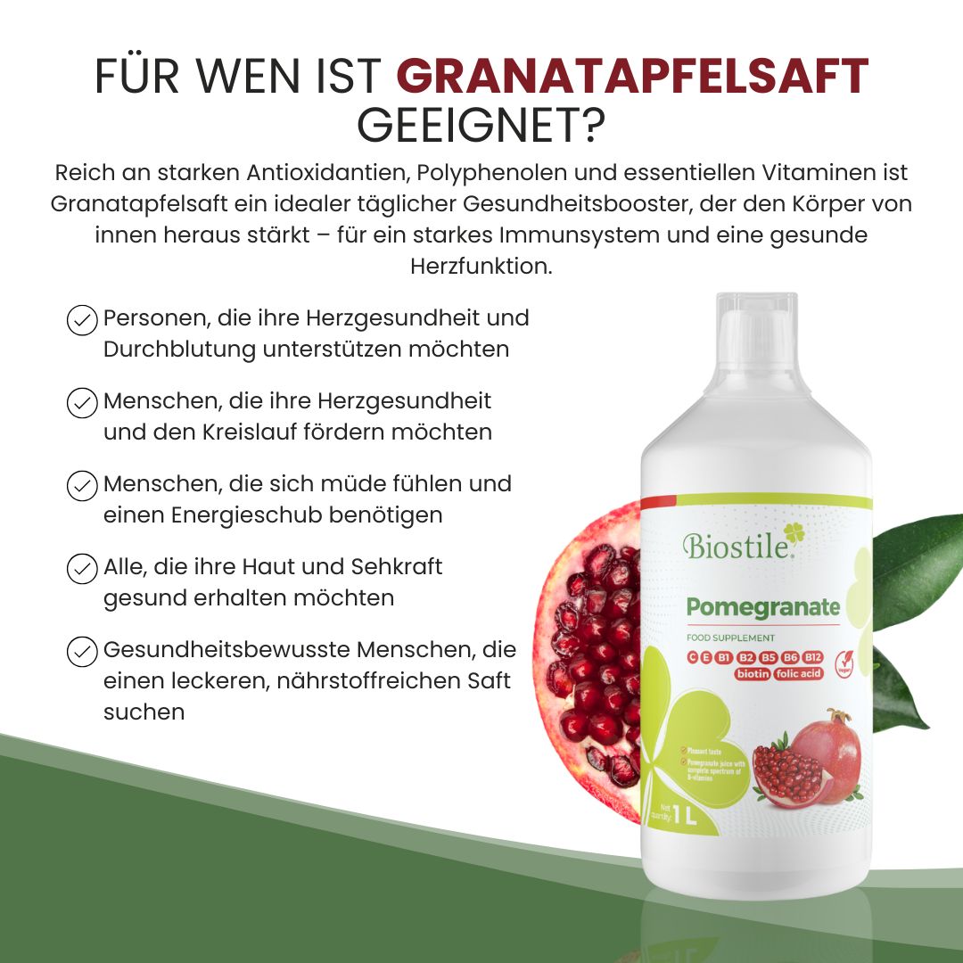 Flasche mit Etikett und Granatapfel. Text: Für wen ist Granatapfelsaft geeignet? Aufzählung von Vorteilen.