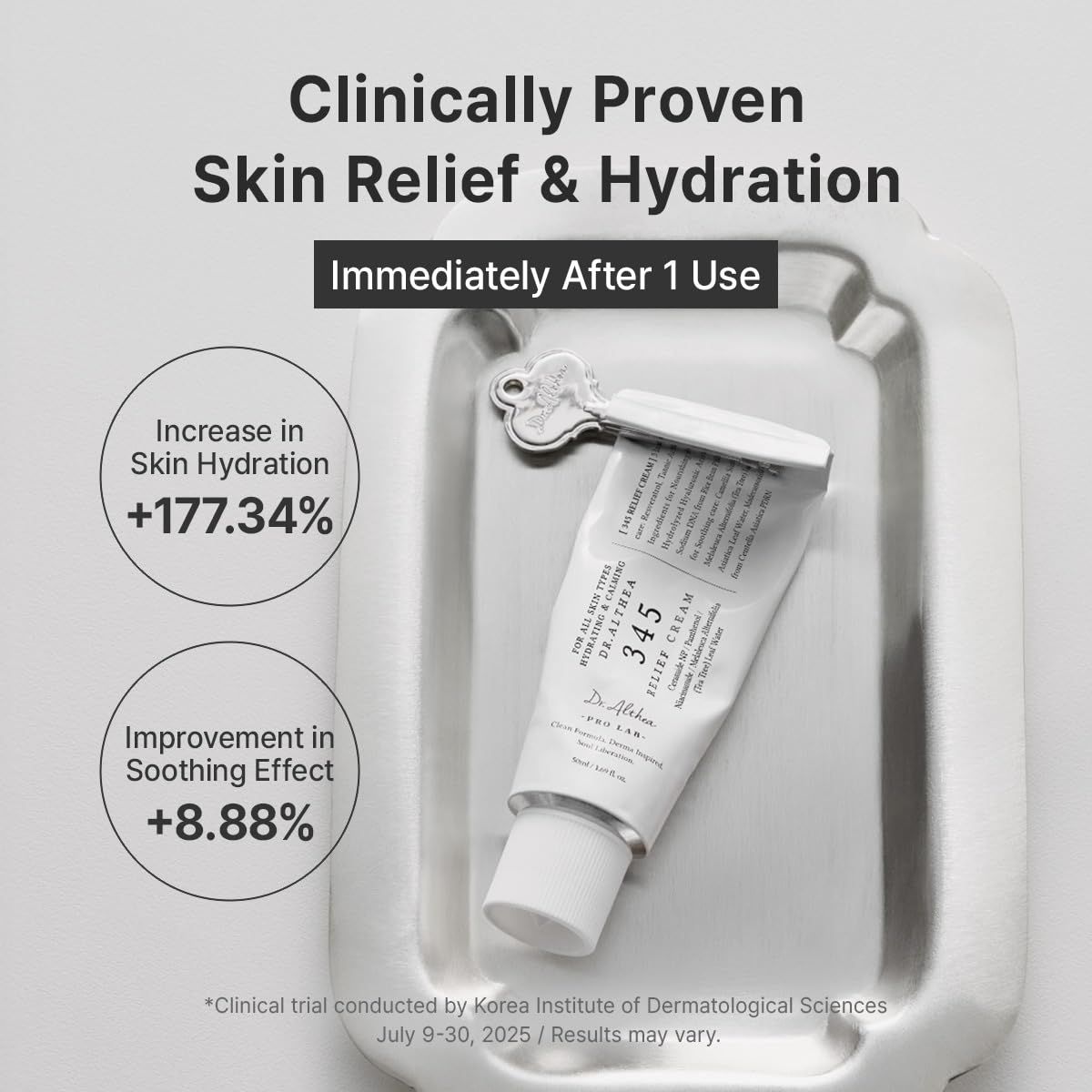 Tube Dr. Althea 345 Relief Cream auf einem Tablett mit klinischen Ergebnissen.