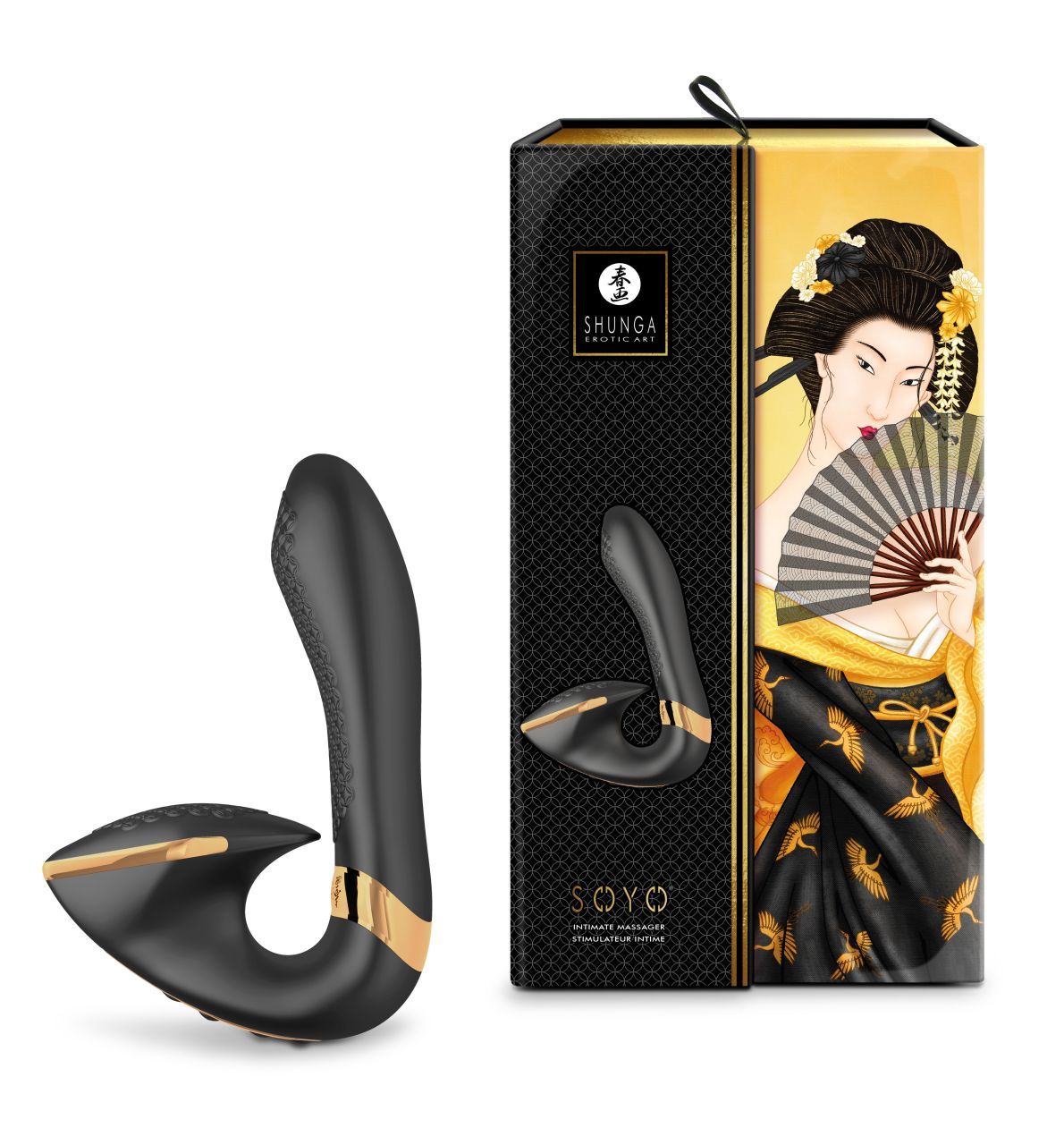 Schwarzes Intimmassagegerät mit goldfarbenen Akzenten. Neben einer Verpackung mit Illustration einer Frau mit Fächer.