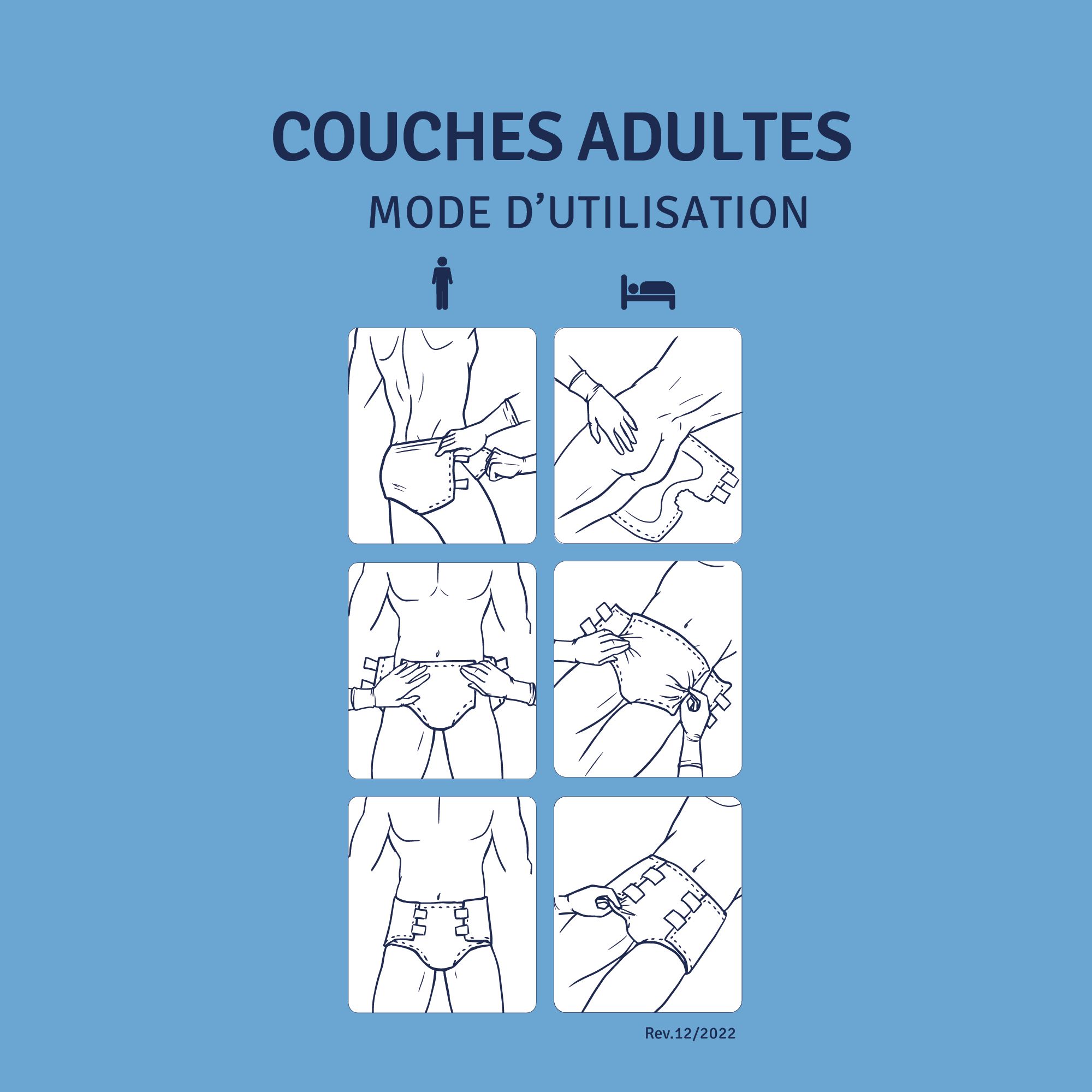 Instructions d'utilisation des couches pour adultes. Illustrations montrant l'application debout et couché.