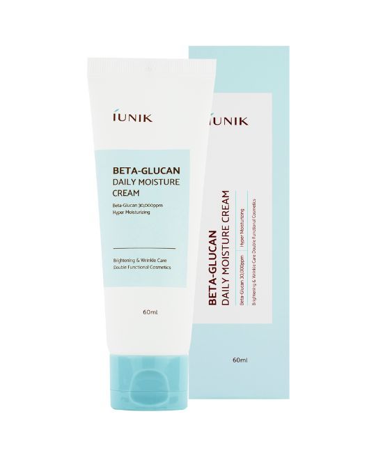 Tubo e scatola di crema. Scritta: IUNIK, Beta-Glucan Daily Moisture Cream. 60ml. Confezione chiara con dettagli blu.