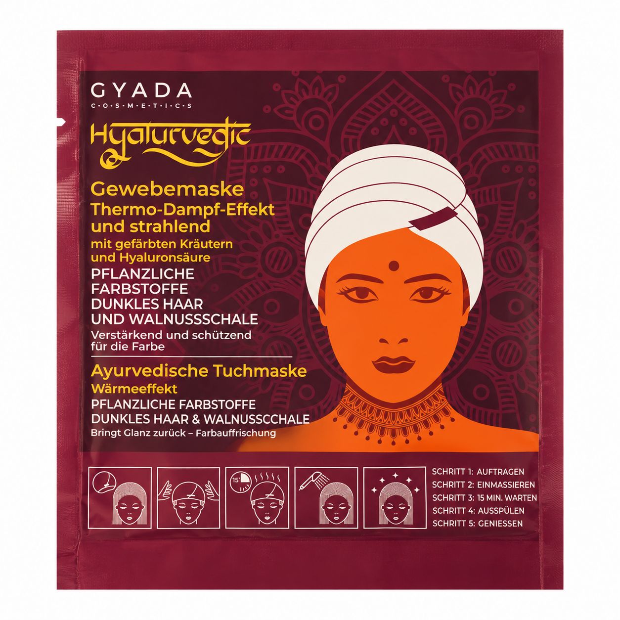 Gyada Hyalurveedic Gewebemaske mit Thermo-Dampf-Effekt für dunkles Haar.