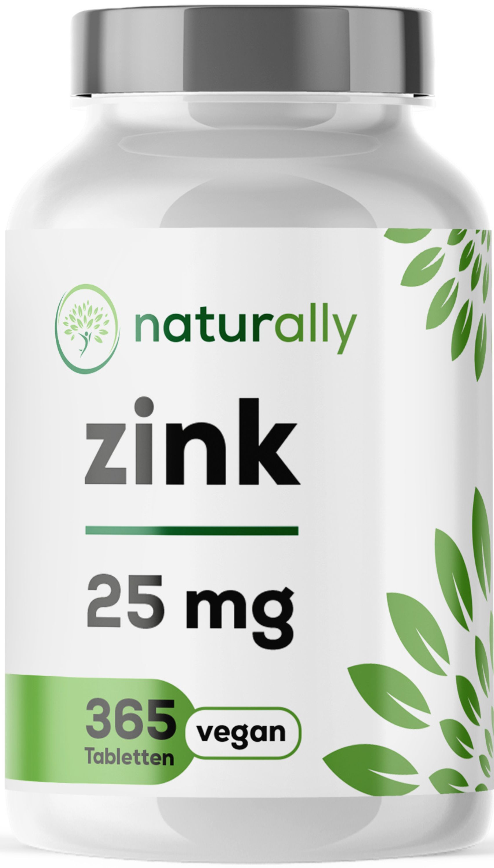 Weiße Tablettenflasche mit grünem Etikett. Aufschrift: naturally zink, 25 mg, 365 Tabletten, vegan.