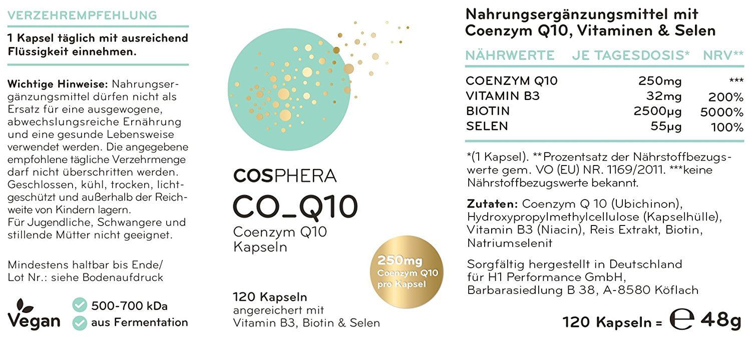 Cosphera Coenzym Q10 Kapseln: Rückseite der Faltschachtel mit Nährwertangaben und Inhaltsstoffen.