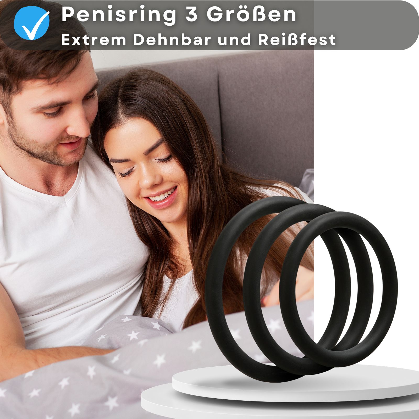 Produktabbildung mit Text: Penisring, 3 Größen, dehnbar. Paar im Bett.