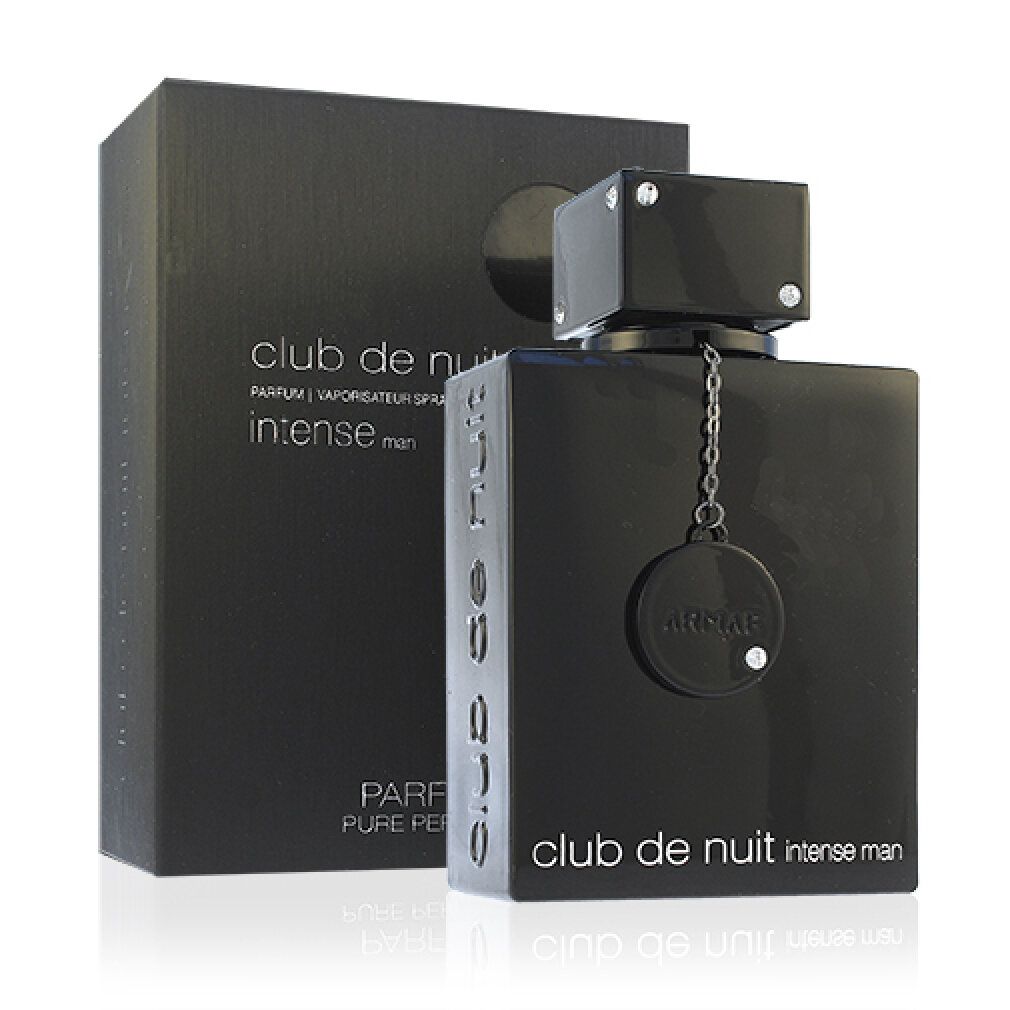 Schwarzer Flakon und Verpackung. Aufschrift: Club de Nuit Intense Man. Kette mit Anhänger. Schwarze Schachtel.