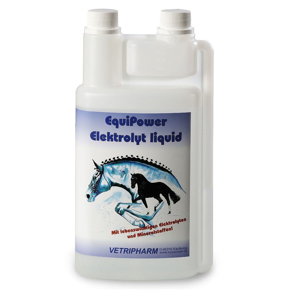 Weiße Flasche mit zwei Verschlüssen. Aufkleber mit Produktname: EquiPower Elektrolyt liquid. Abbildung von Pferden.