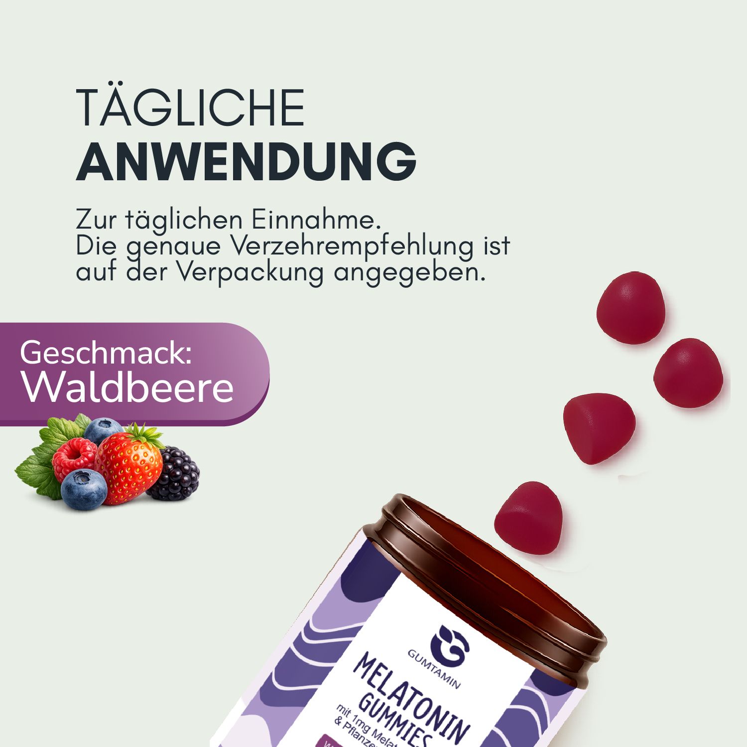 Gumtamin Melatonin Sleep Gummies: Waldbeergeschmack mit frischen Beeren und Gummis.