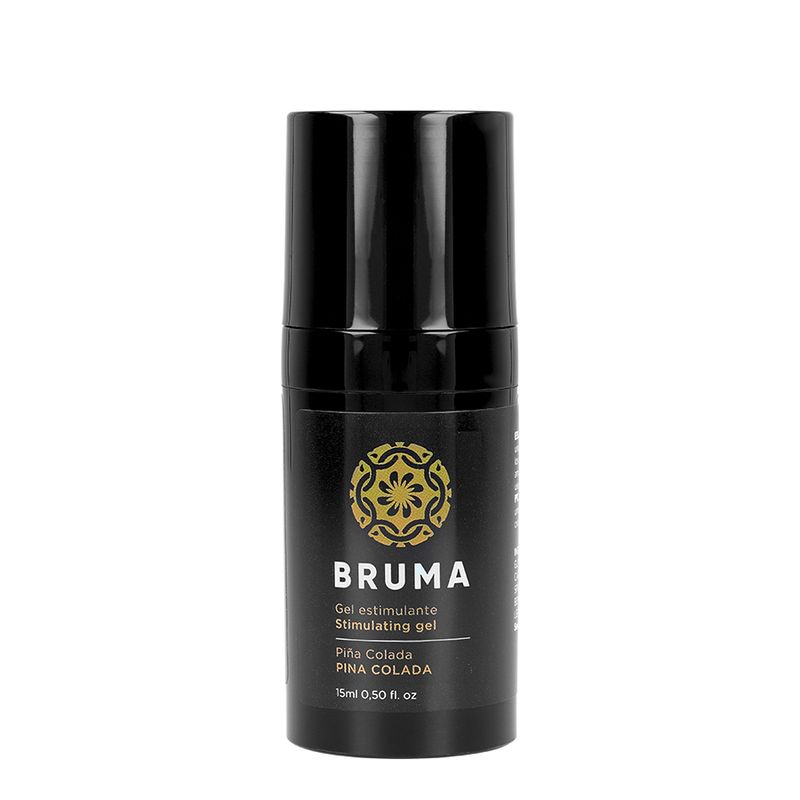 Schwarzer Spender mit goldener Verzierung. Enthält "BRUMA Stimulating gel" und "Piña Colada". 15ml.
