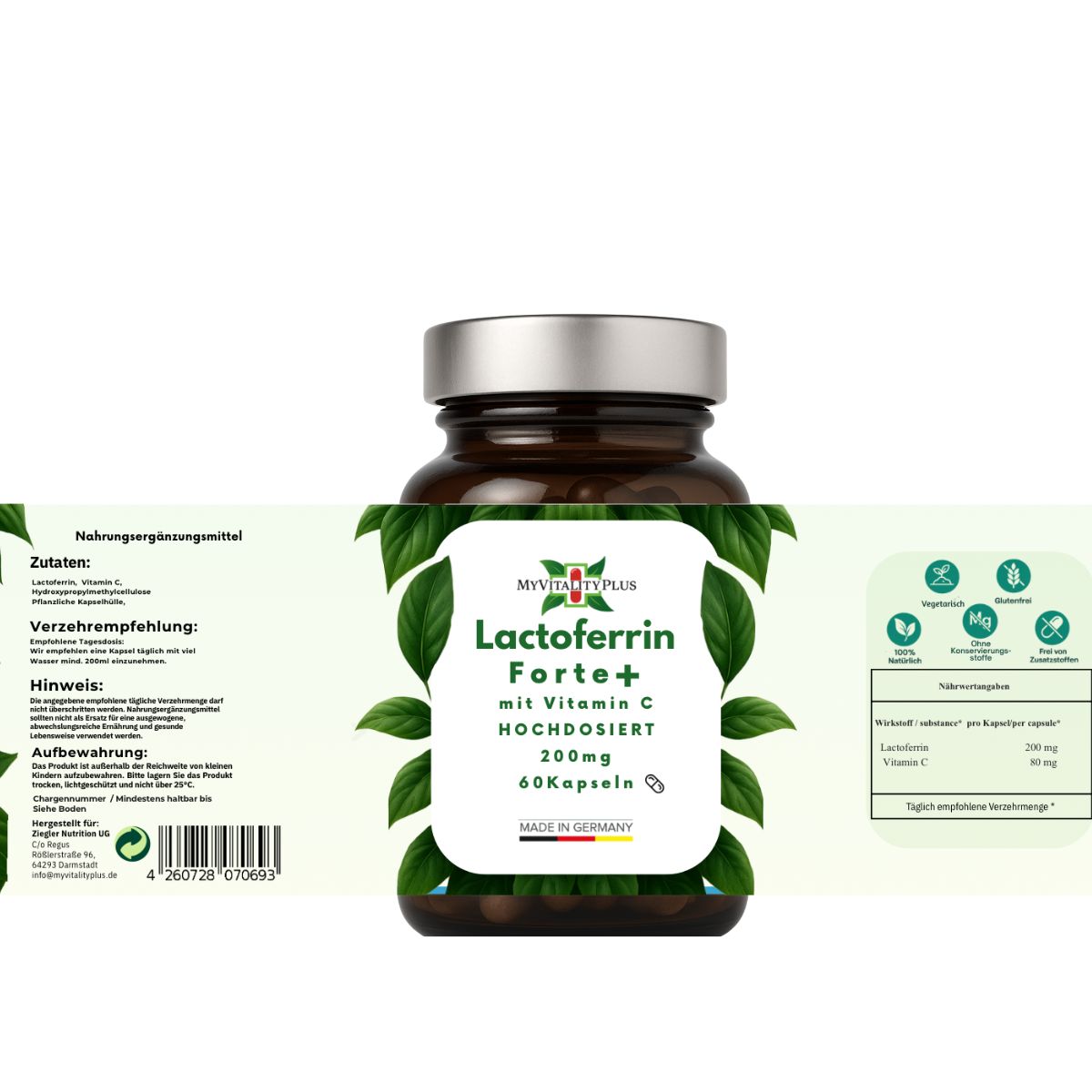 Lactoferrin Forte 200mg  + 80mg Vitamin C | NAD BOOSTER | MyVitalityPlus | 60 Kapseln