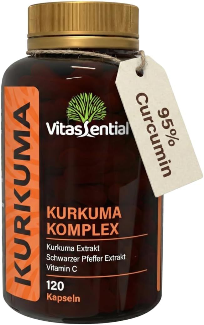 Braune Flasche mit Vitassential Kurkuma Komplex Kapseln. Etikett mit Produktnamen, Inhaltsstoffen und 120 Kapseln.