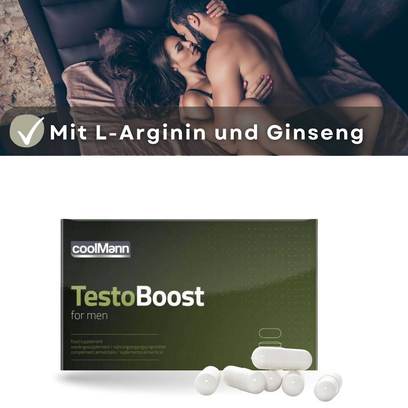 Kapseln und "Coolmann TestoBoost"-Packung. Im Hintergrund: Paar im Bett. Text: Mit L-Arginin und Ginseng.