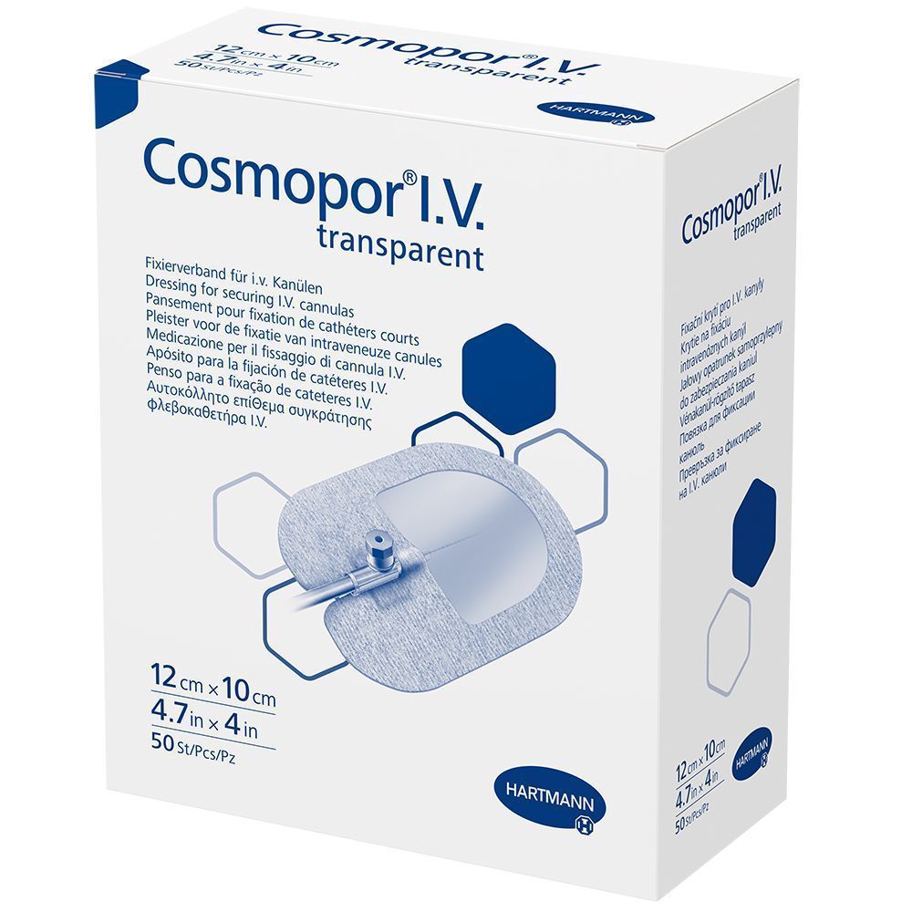 Verpackung von Cosmopor I.V. transparent. Box mit Produktabbildung und Größenangabe 12 x 10 cm. Marke Hartmann.