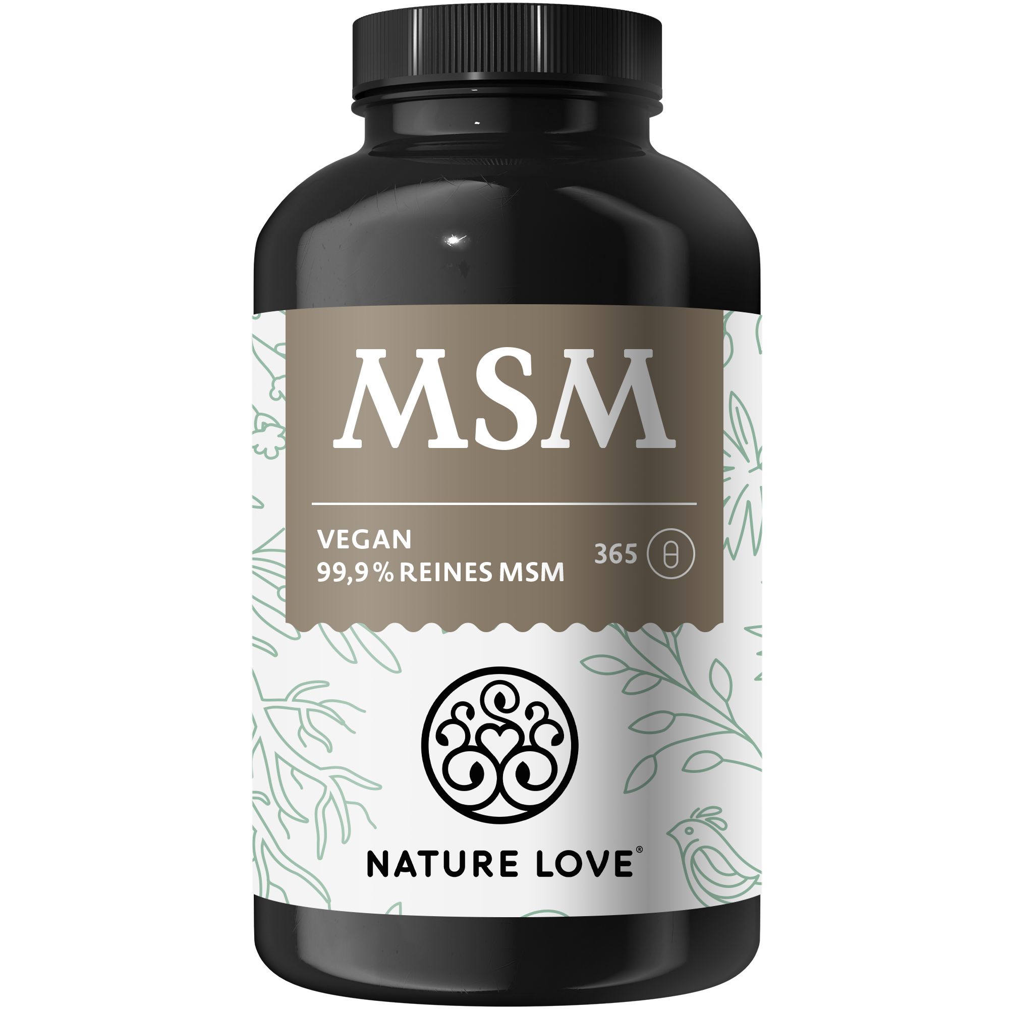 Braune Flasche mit weißem Etikett. Aufschrift: MSM, NATURE LOVE®. Vegan, 99,9% reines MSM. Schwarzer Deckel.
