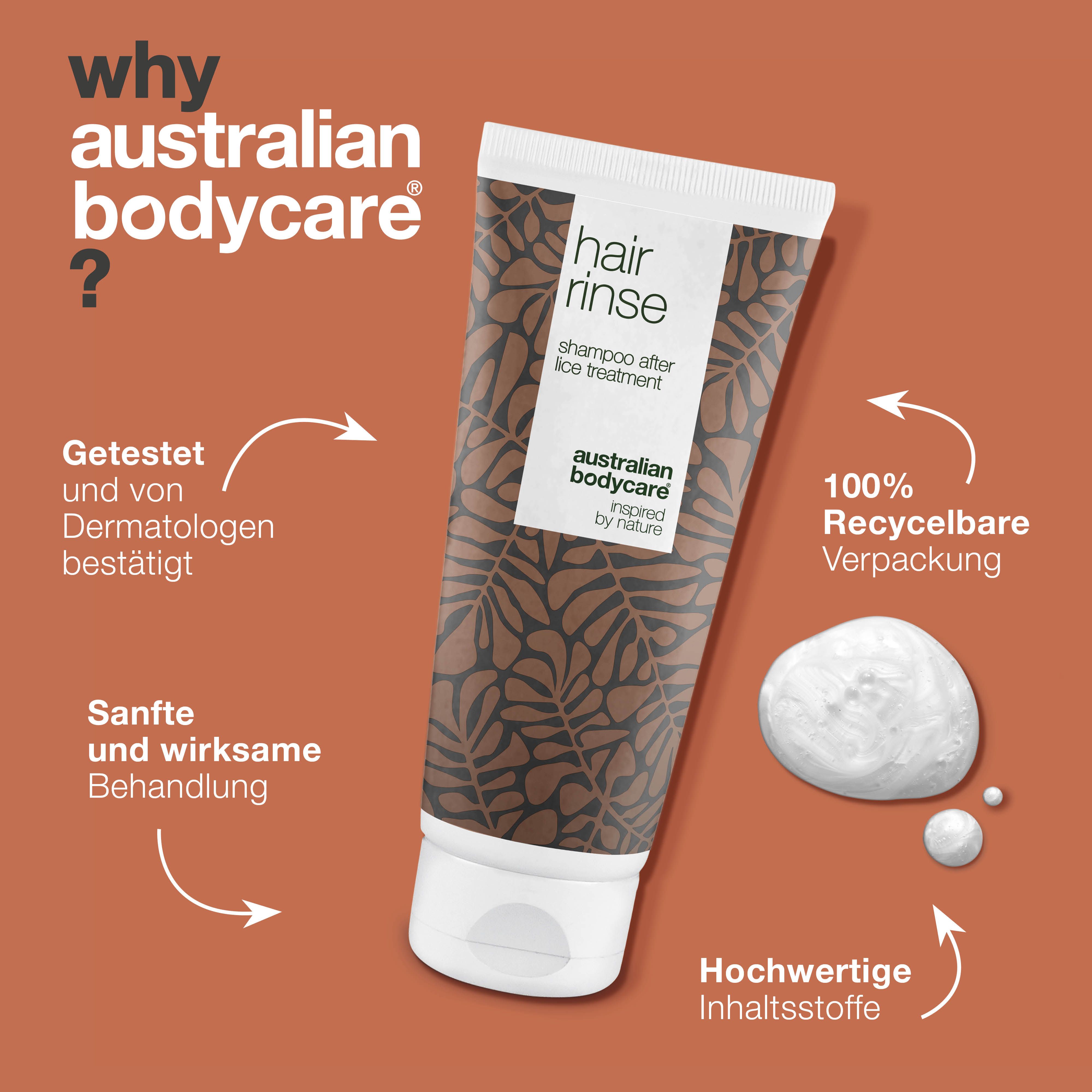 Tube und Produkt. Aufschrift: hair rinse, shampoo after lice treatment. Marke: Australian Bodycare.