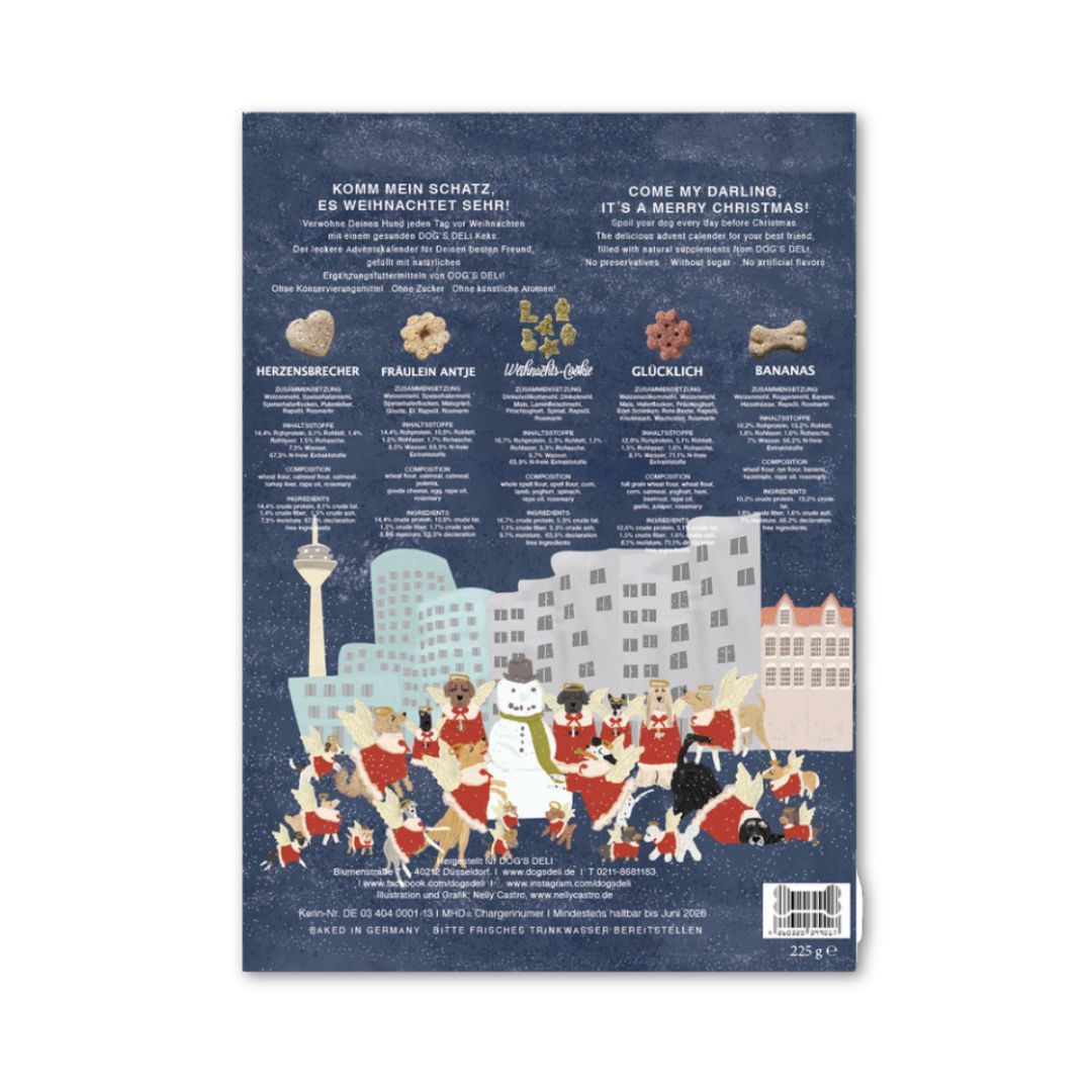 Rückseite des Adventskalenders für Hunde. Text und Abbildungen von Leckerlis. Stadtansicht mit Hunden und Schneemann.