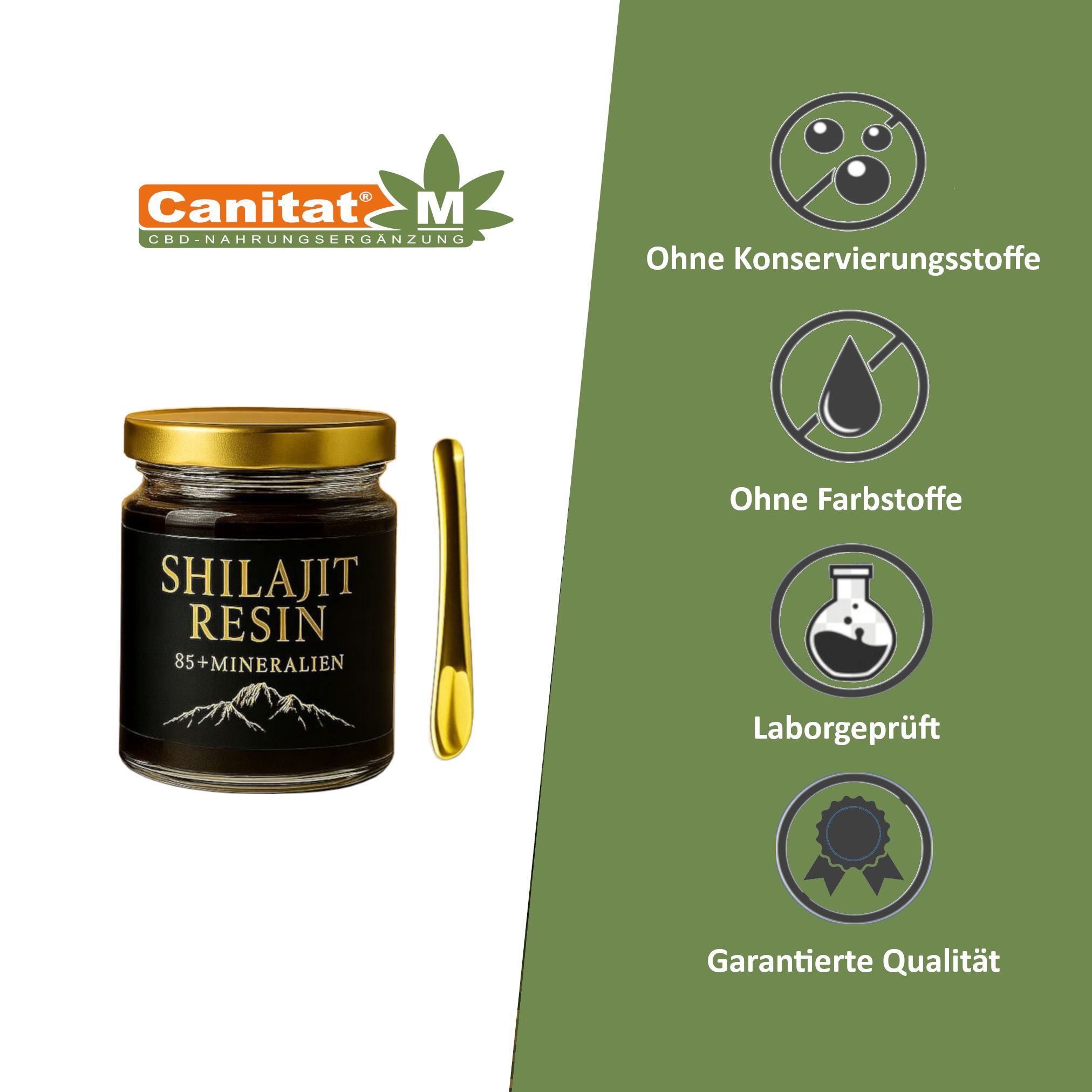 Glas mit goldenem Deckel, Löffel und Text. Grüner Hintergrund. Logos und Text über Qualität.