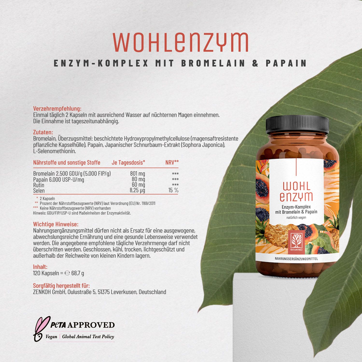 Braune Flasche mit Kapseln. Text: WOHL ENZYM. Inhaltsangaben. PETA-Logo.