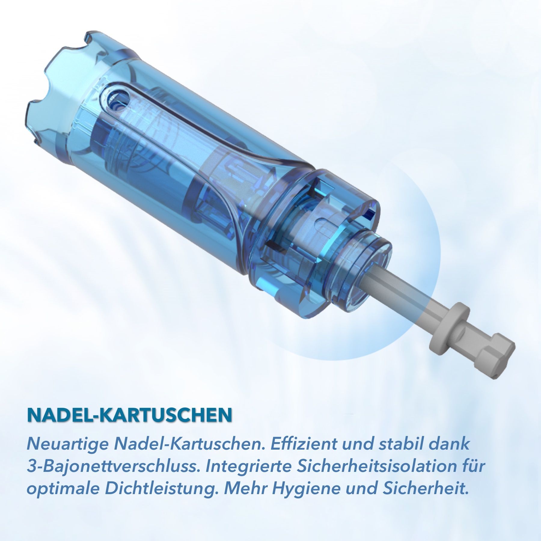 Blaue Nadelkartusche. Transparente Hülle mit Nadelsystem. Text: Neue Nadelkartuschen. Effizient und stabil. Sicherheitsisolation.