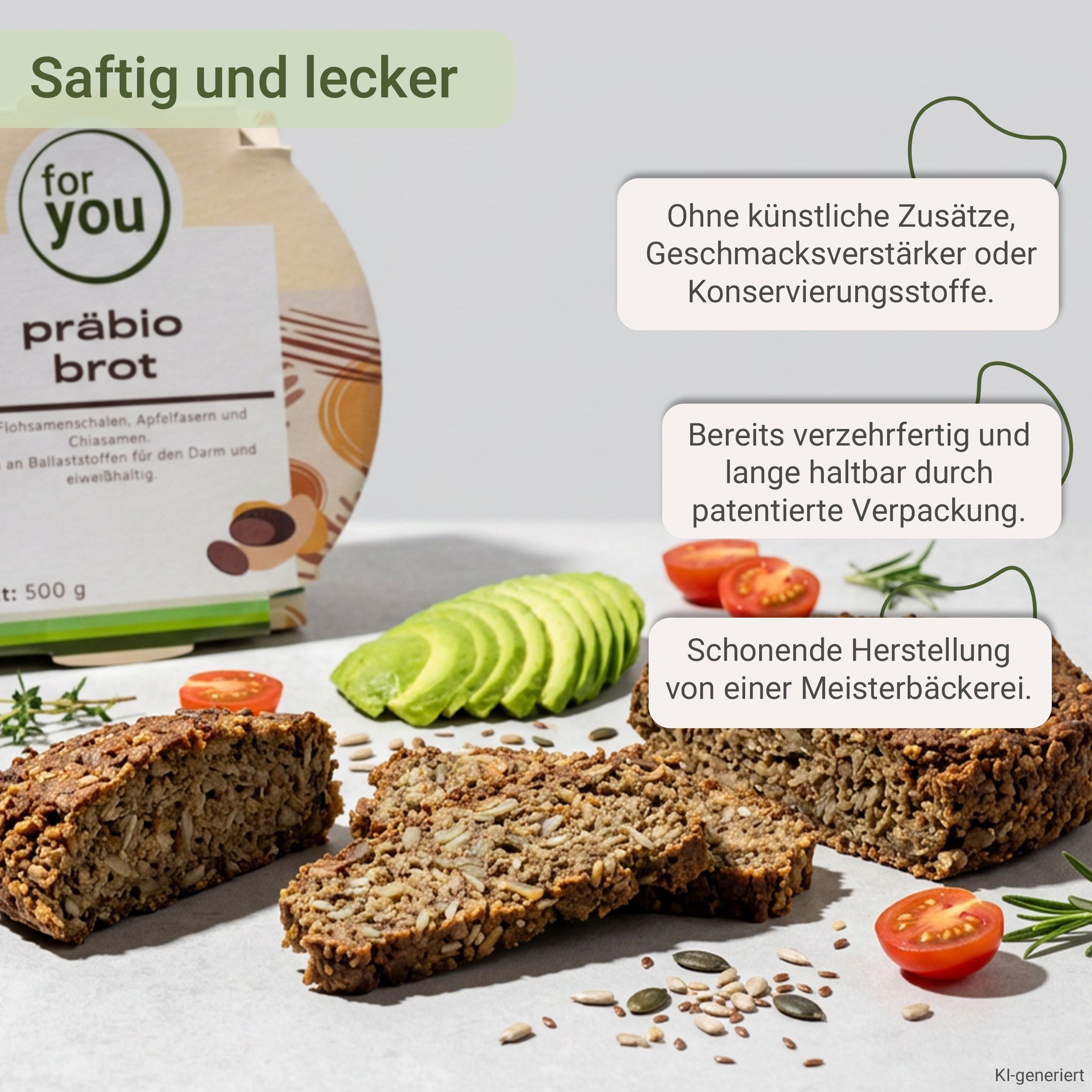 Saftiges und leckeres Präbiotik-Brot, reich an Ballaststoffen, ohne künstliche Zusätze.
