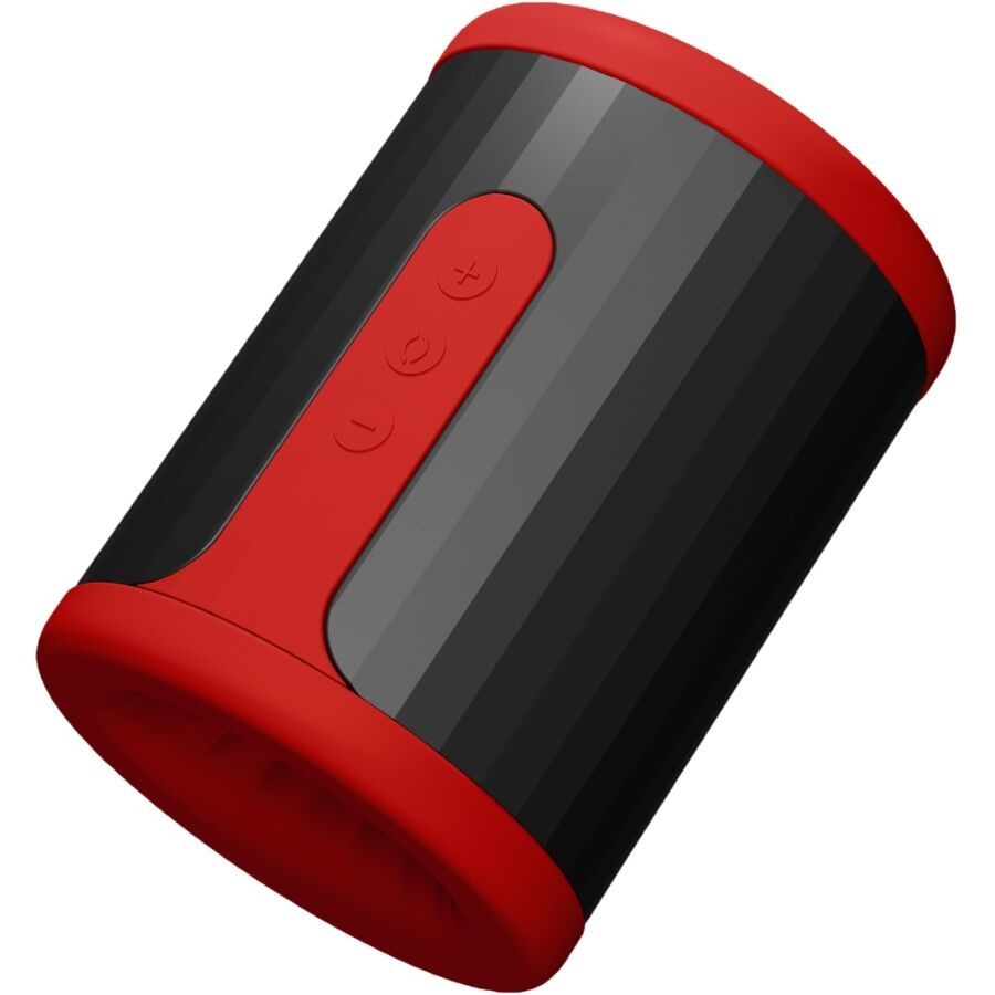 Zylindrisches Gerät, schwarz mit roten Akzenten. Roter Rand und Bedienfeld mit drei Knöpfen. Geometrisches Design.