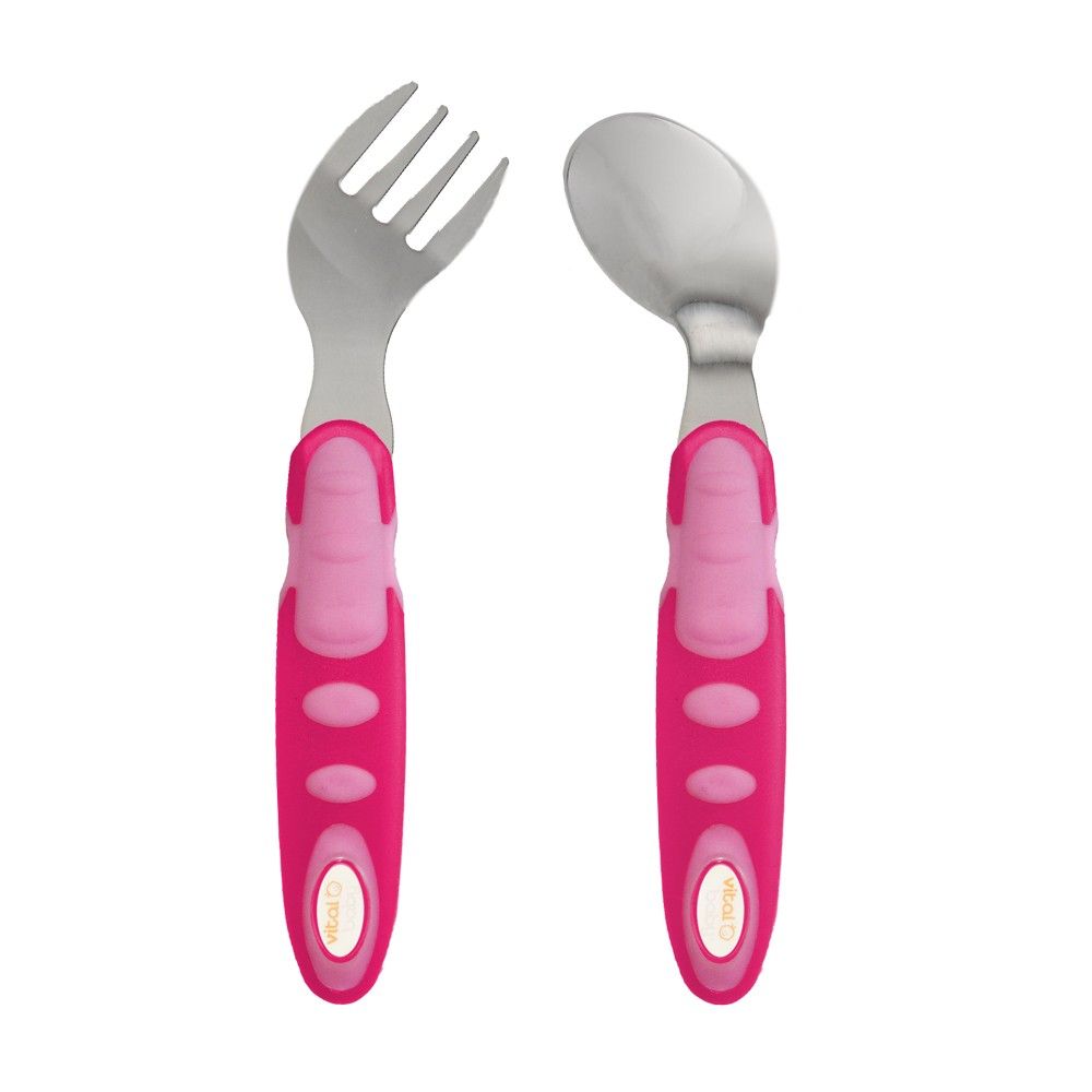 Gebogenes Kinderbesteck-Set: Gabel und Löffel. Edelstahl mit pinkfarbenen Griffen. Abgerundete Form.