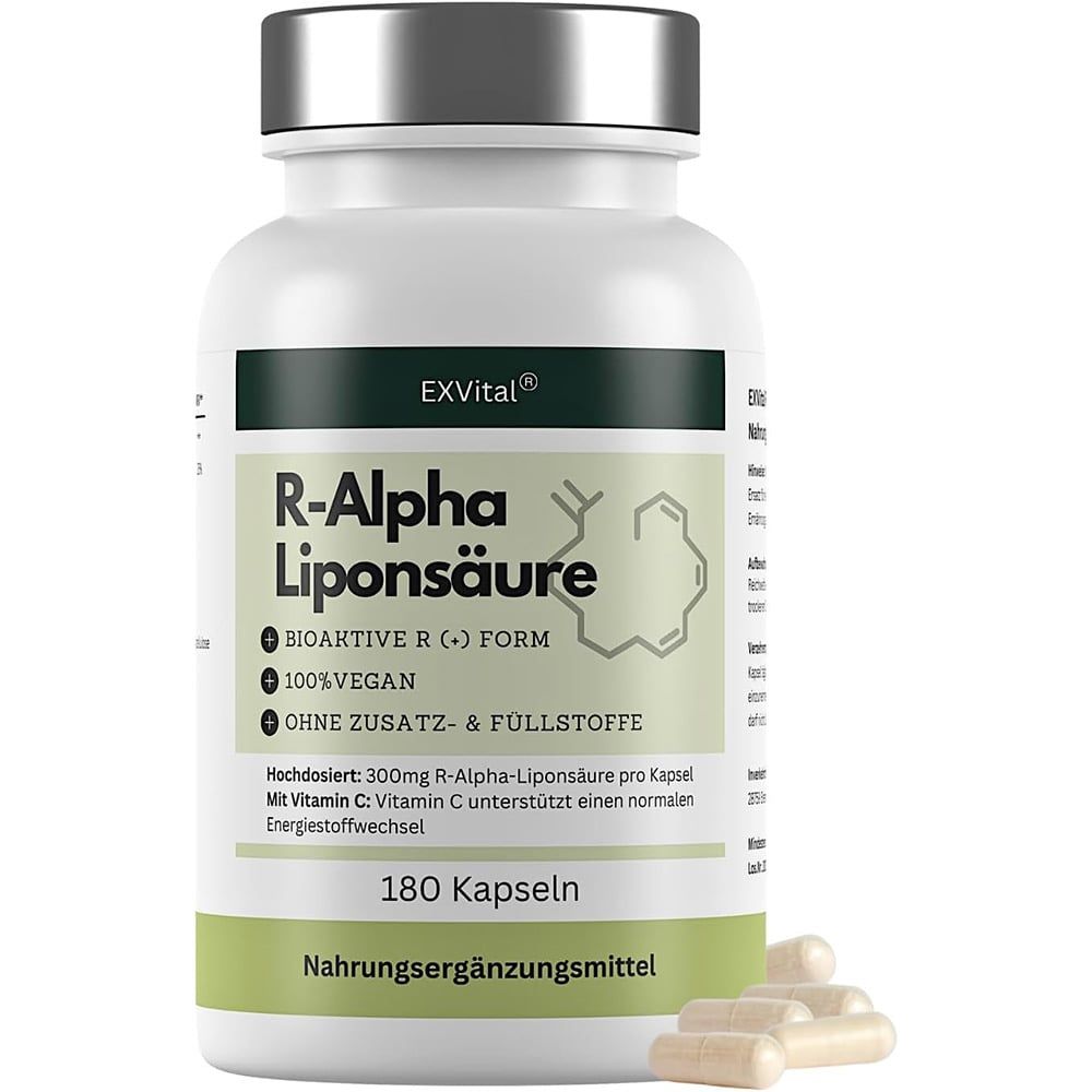 Weiße Flasche mit EXVital R-Alpha-Liponsäure Kapseln. Aufschrift: 180 Kapseln, 300mg Tagesdosis. Einige Kapseln liegen daneben.