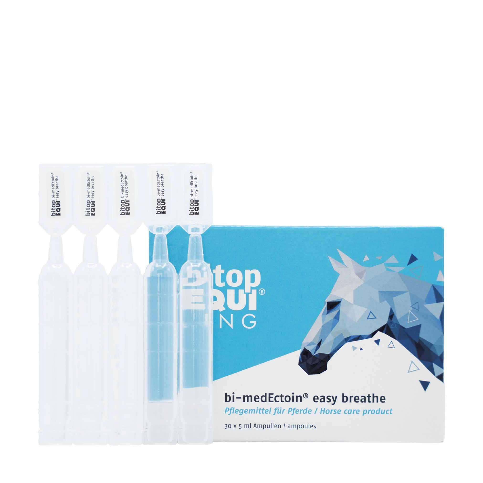 Packung mit bitopEQUI LUNG, Ampullen. Aufschrift: bi-medEctoin easy breathe. 5 Ampullen und eine blaue Schachtel.