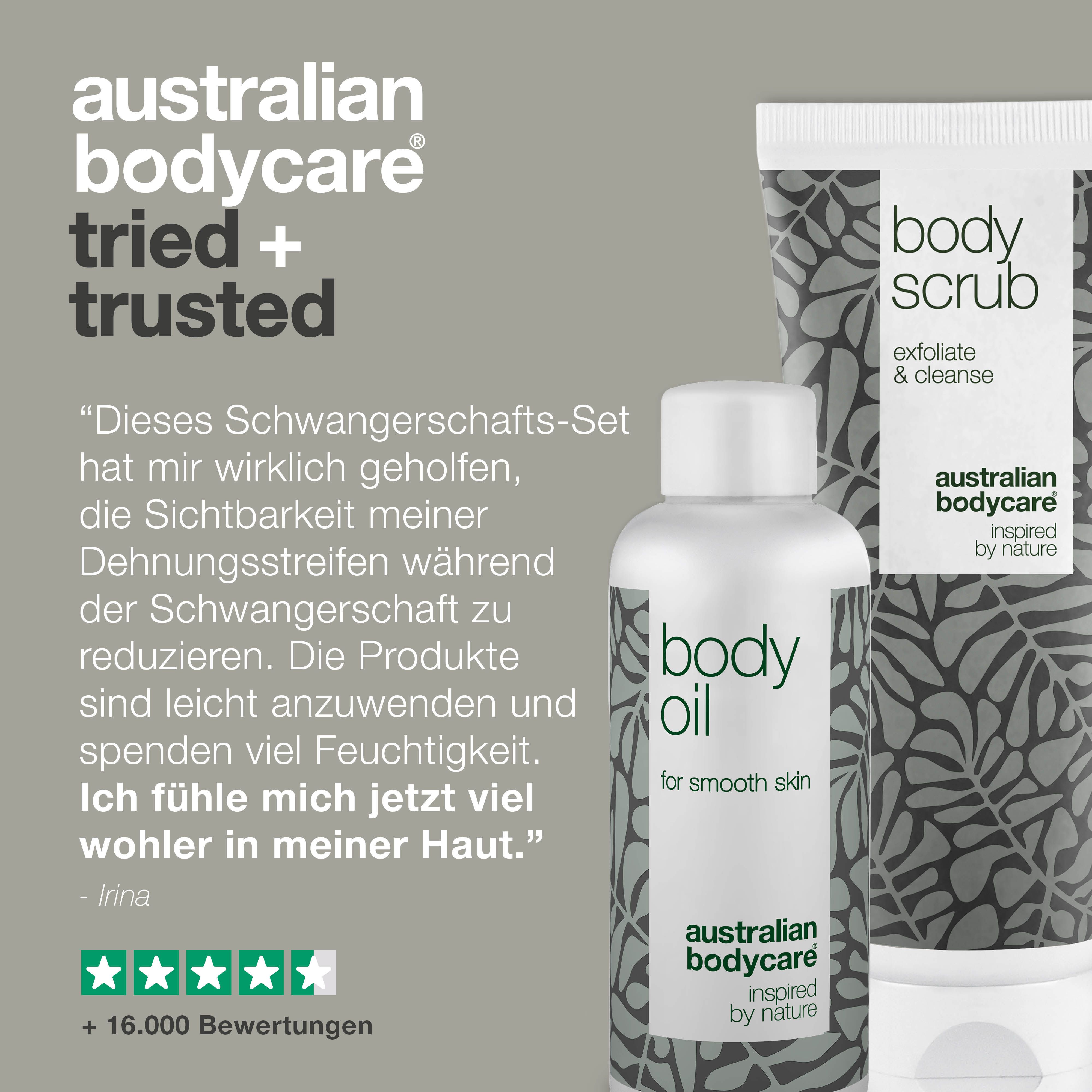 Körperöl und Körperpeeling. Zitat: Hilft bei Dehnungsstreifen. Marke: Australian Bodycare. Bewertung: 5 Sterne.