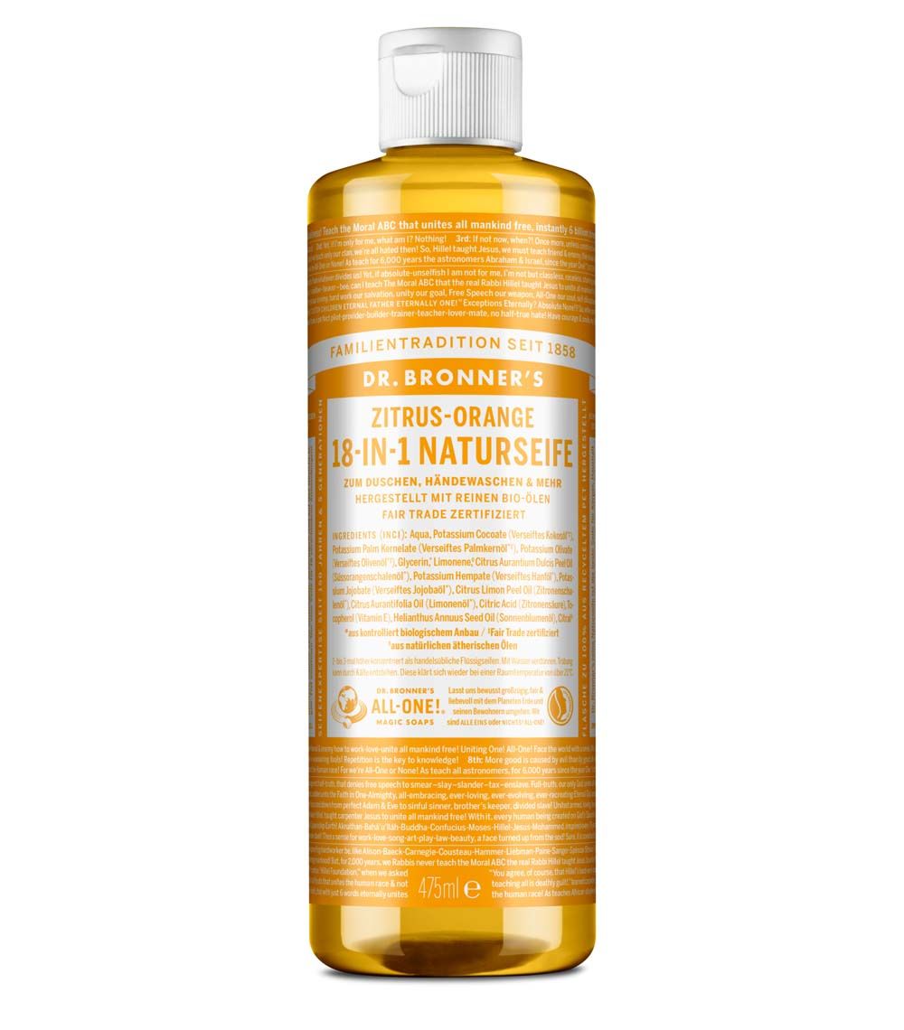 Dr. Bronner's Zitrus-Orange Flüssigseife. Flasche mit weißem Deckel. Etikett mit Text und Logo. Orangefarbene Flüssigkeit sichtbar.